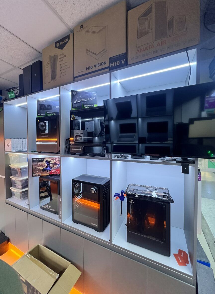 Vitrinas del stand de AvilaTec con cases de PC armadas
